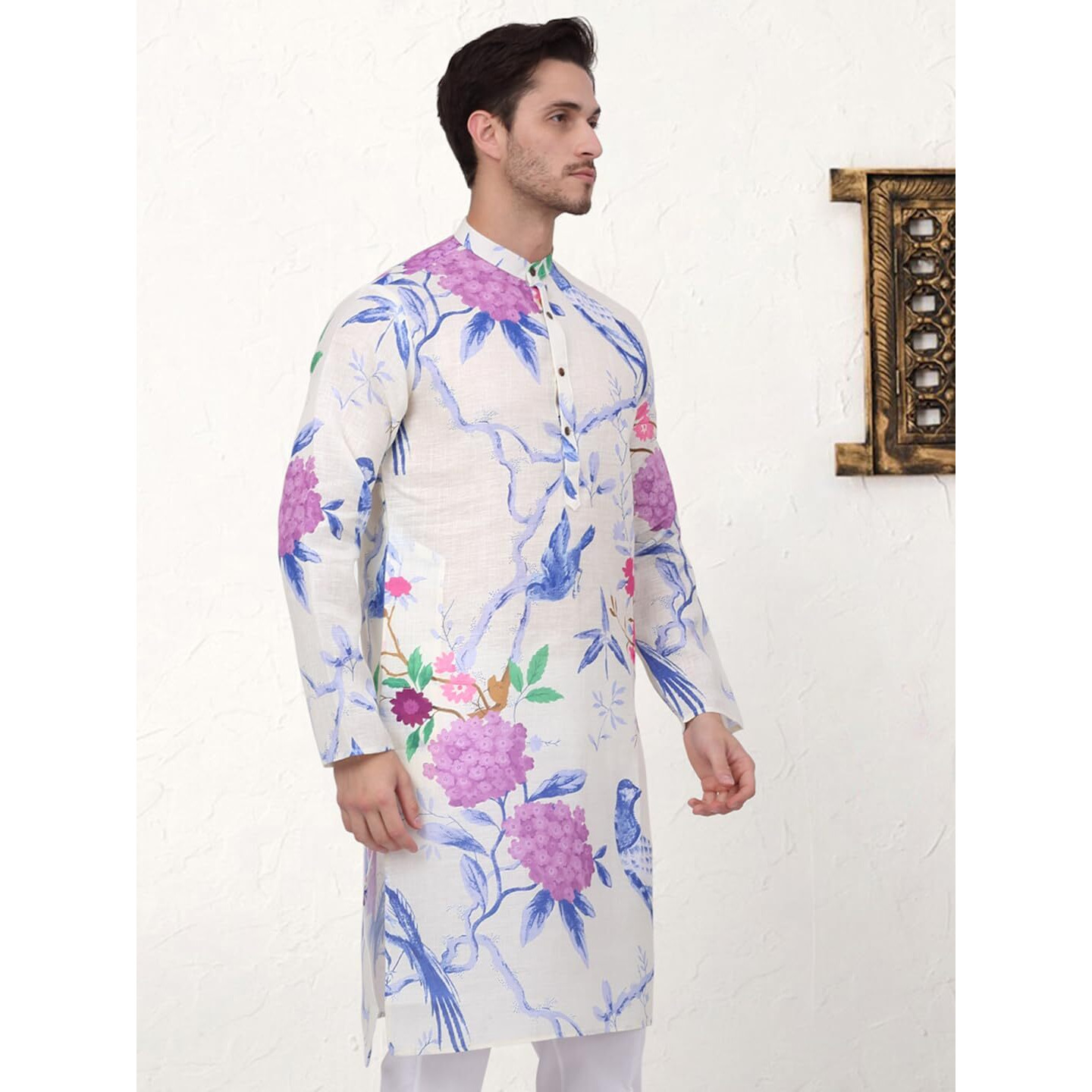 Jompers Men's Blue Animal Printed Pure Cotton Straight Kurtas. (Blue, S)