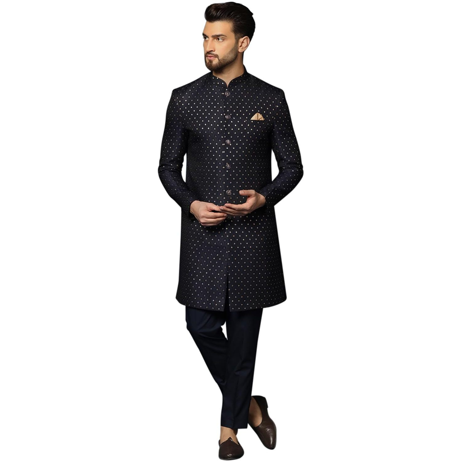 Kisah Mens Sherwani & Trouser Set  Embellished Silk Blend Jacquard Ethnic Wear For Men  Regular Fit Wedding & Festive Look  Dry Clean Only, Black, 44