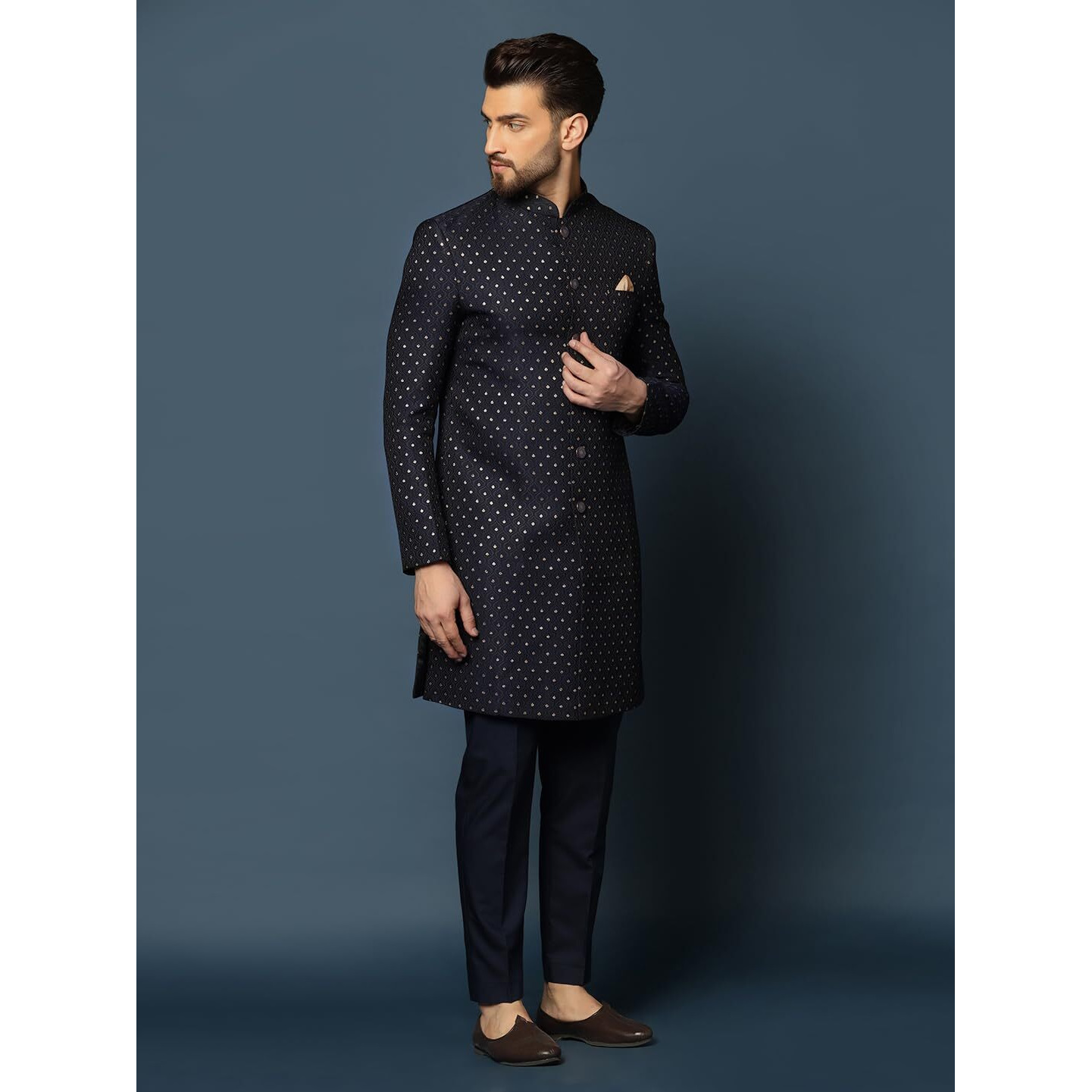 Kisah Mens Sherwani & Trouser Set  Embellished Silk Blend Jacquard Ethnic Wear For Men  Regular Fit Wedding & Festive Look  Dry Clean Only, Black, 44