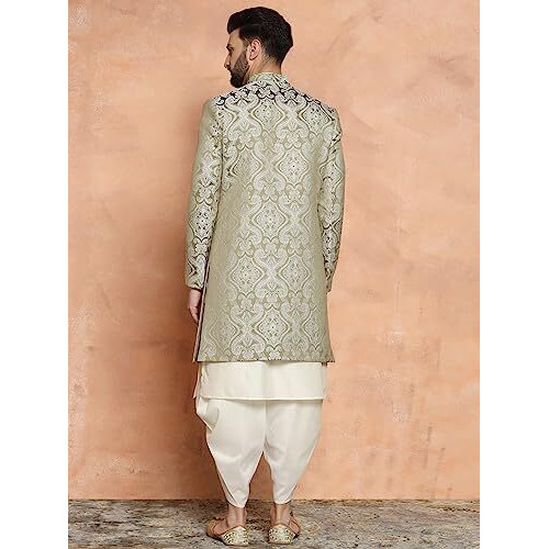 Kisah Men's Ethnic Wear Silk Blend Woven Design Regular Fit Olive-White Kurta Indo-Western Sherwani Set Indo-Western, 36