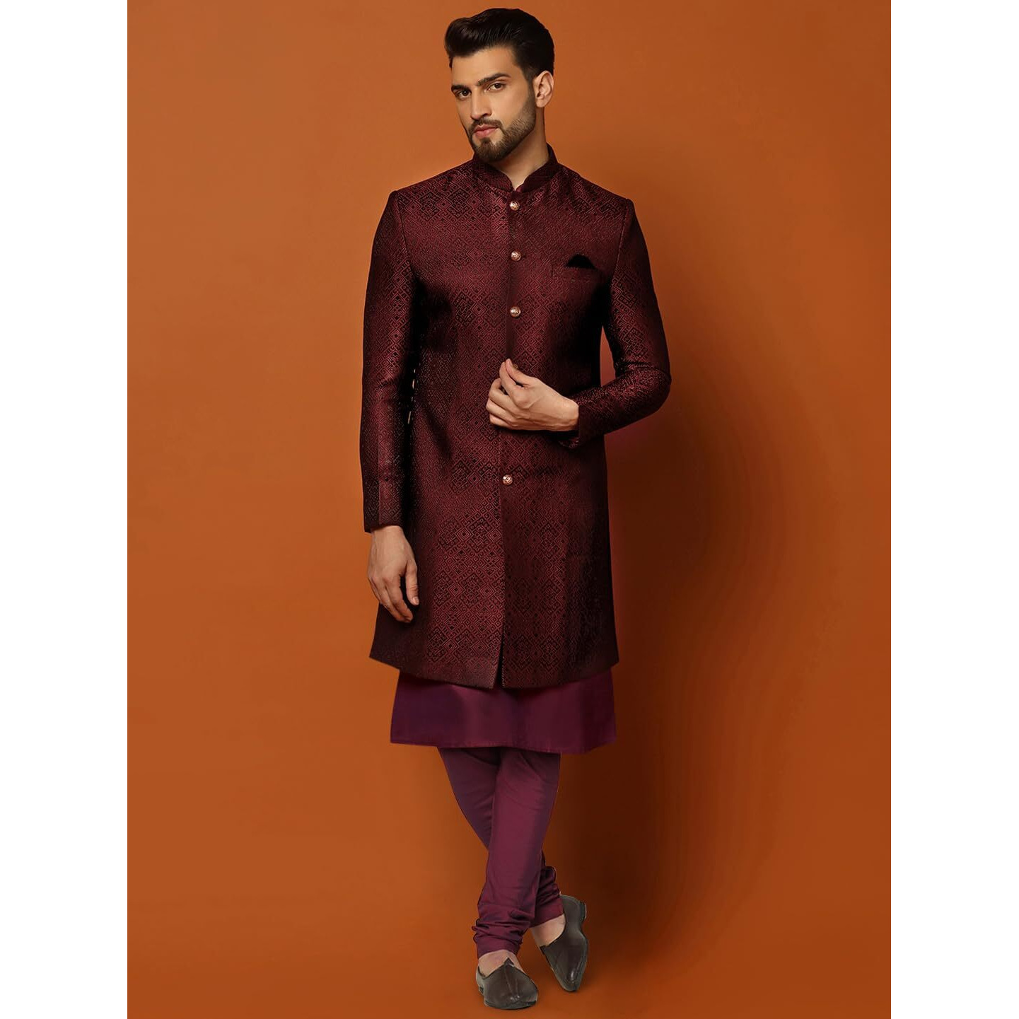 Kisah Mens Kurta Sherwani Churidar Set Silk Blend Jacquard, Indo-Western Mens Wear, Maroon, 38