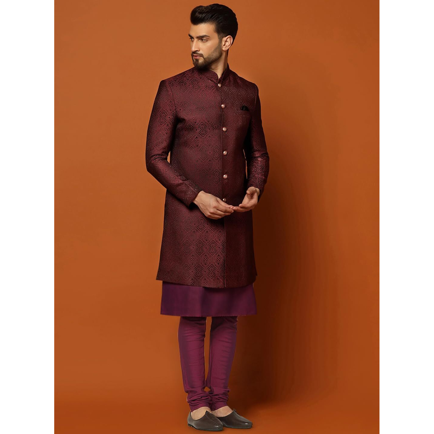 Kisah Mens Kurta Sherwani Churidar Set Silk Blend Jacquard, Indo-Western Mens Wear, Maroon, 38
