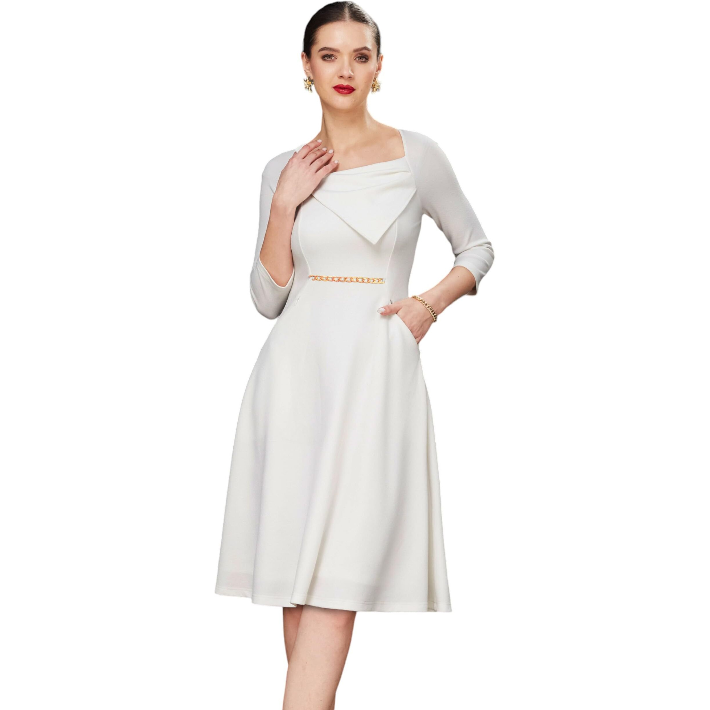 Miss Chase Women's Solid Square Neck Raglan Sleeves Side Pocketed Polyester Fit And Flare Knee Length Dress (Mcss23D16-42-114-02, Off White, Xs)