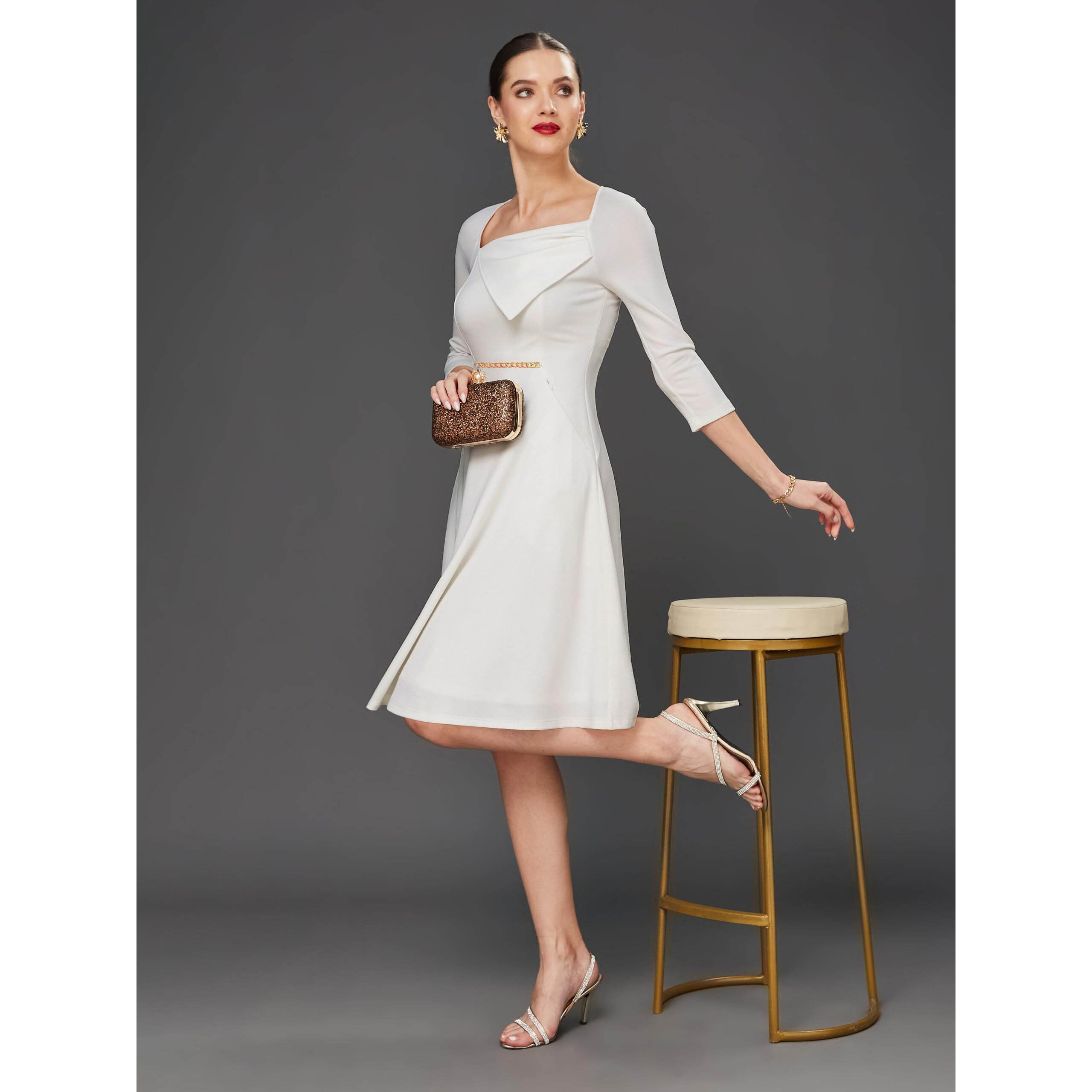 Miss Chase Women's Solid Square Neck Raglan Sleeves Side Pocketed Polyester Fit And Flare Knee Length Dress (Mcss23D16-42-114-02, Off White, Xs)