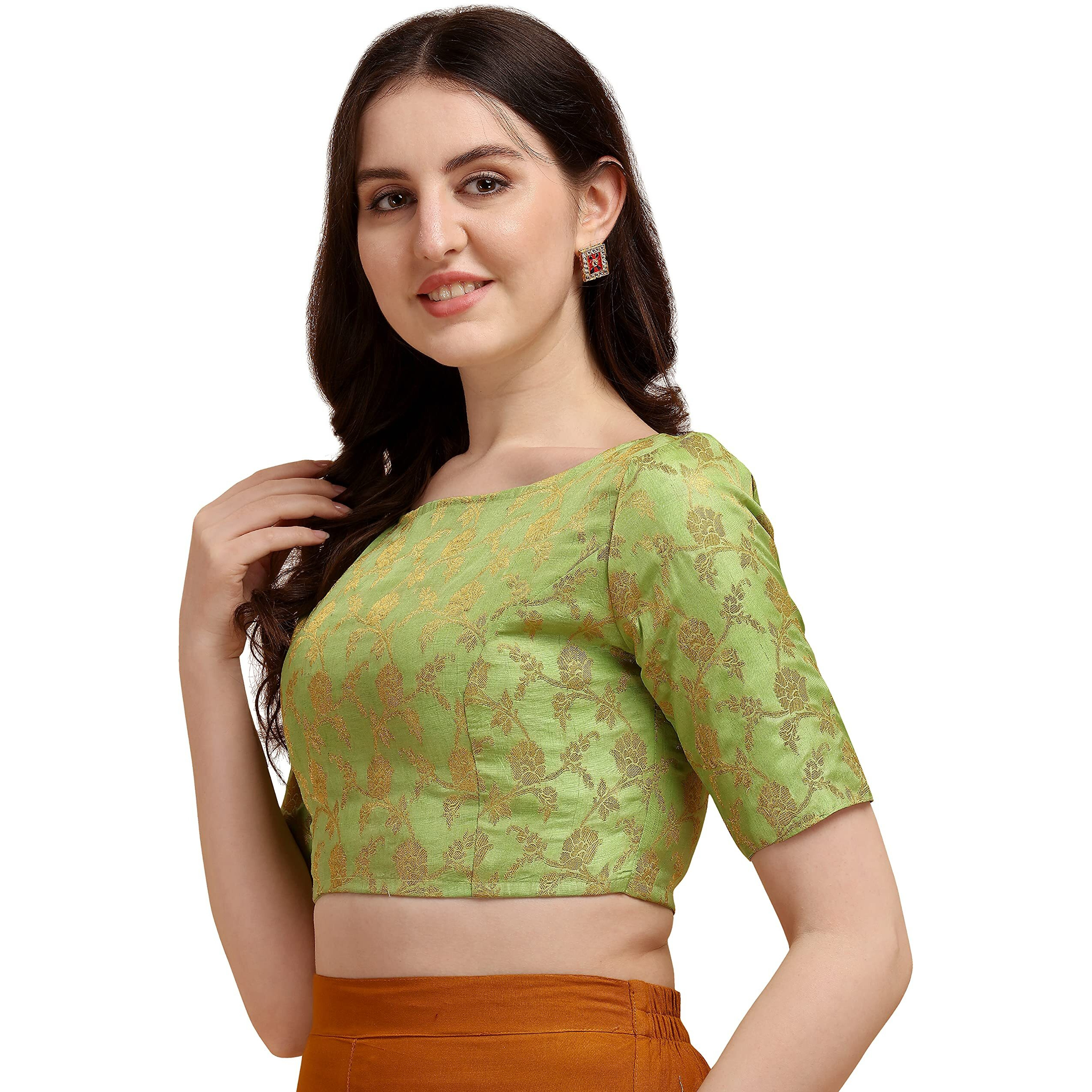 Oomph Women's Indian Ethnic Wear Designer Floral Pattern Zari Work Boat Neck Half Sleeve Mint Green Color Jacquard Readymade Blouse For Saree Or Lehnga And Fusion Twist. S