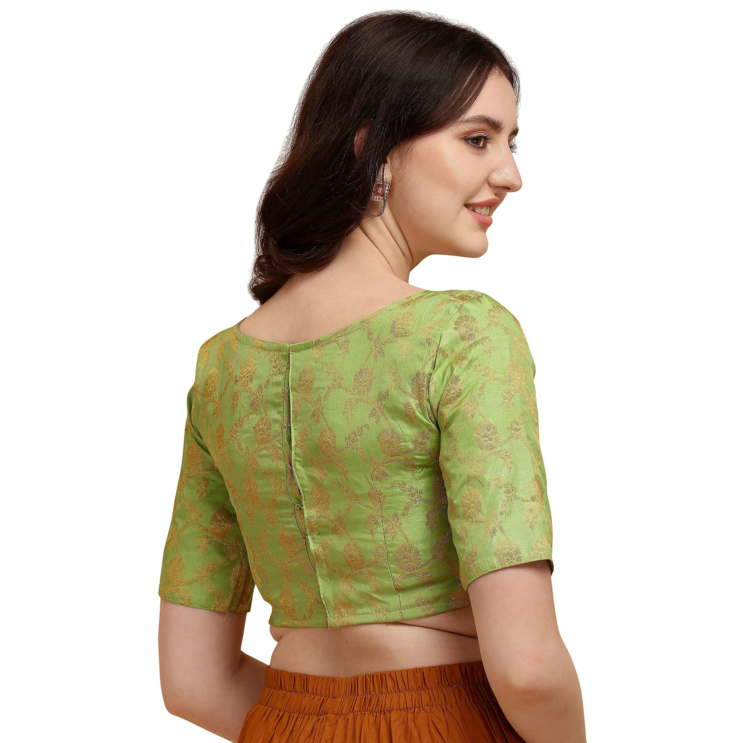 Oomph Women's Indian Ethnic Wear Designer Floral Pattern Zari Work Boat Neck Half Sleeve Mint Green Color Jacquard Readymade Blouse For Saree Or Lehnga And Fusion Twist. S