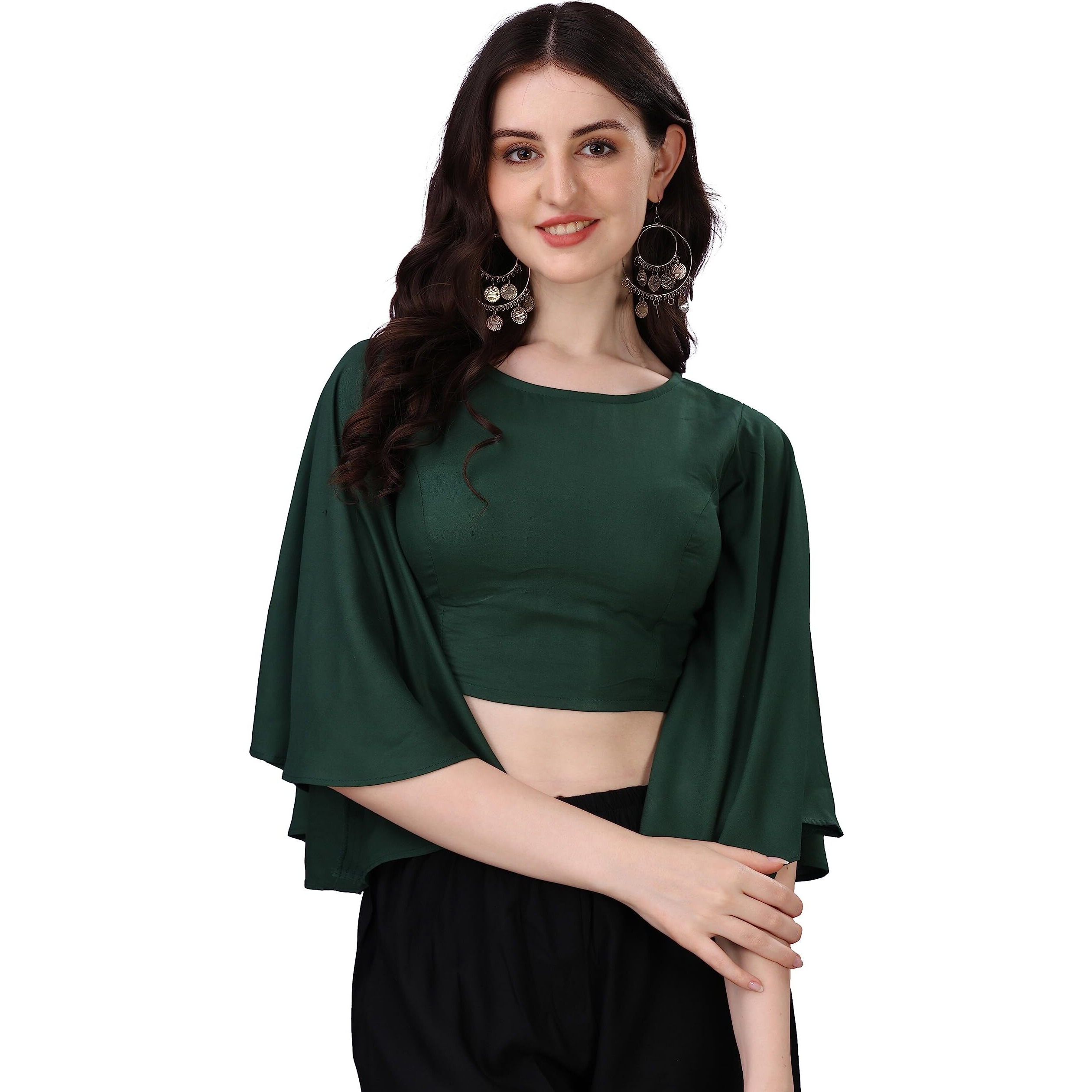 Oomph Women's Indian Ethnic Wear Designer Solid Pattern Boat Neck Bell Sleeve Cotton Green Blouse For Saree Or Lehnga And Blousepalazzos Or Skirts For A Fusion Twist.