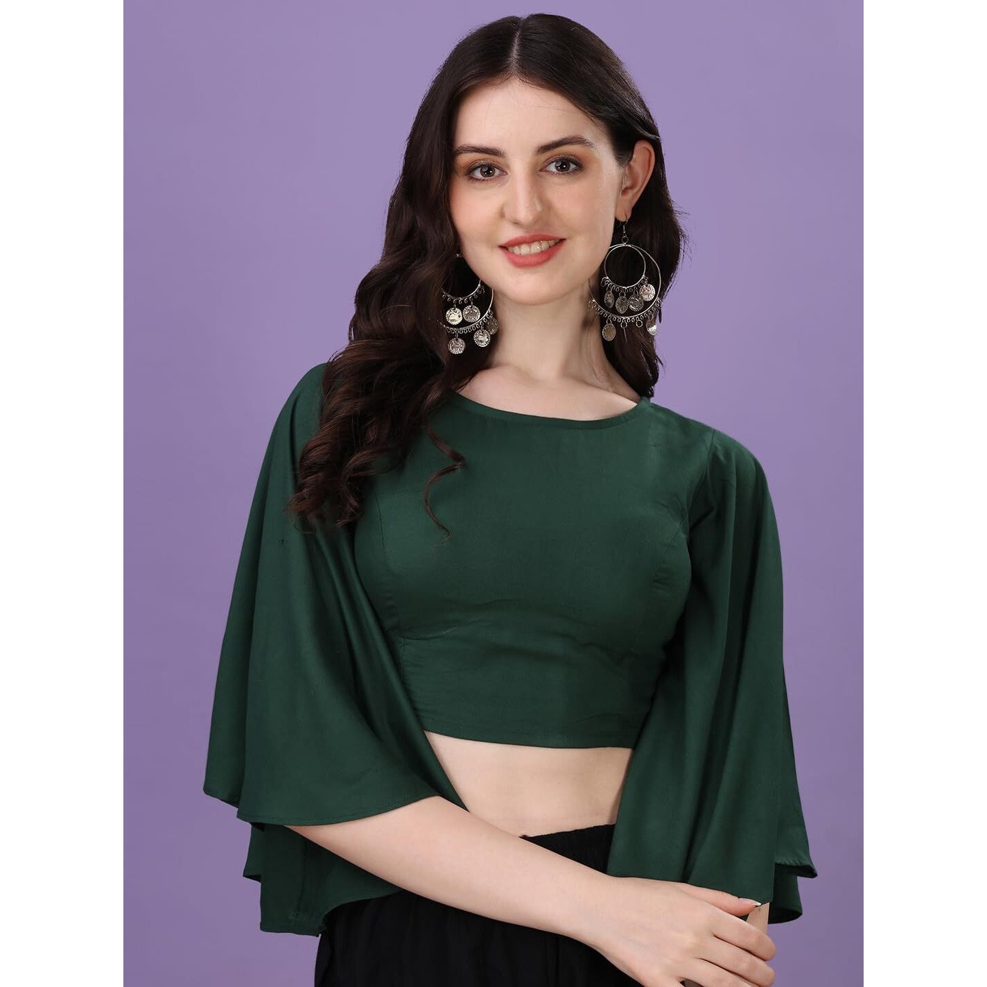 Oomph Women's Indian Ethnic Wear Designer Solid Pattern Boat Neck Bell Sleeve Cotton Green Blouse For Saree Or Lehnga And Blousepalazzos Or Skirts For A Fusion Twist.
