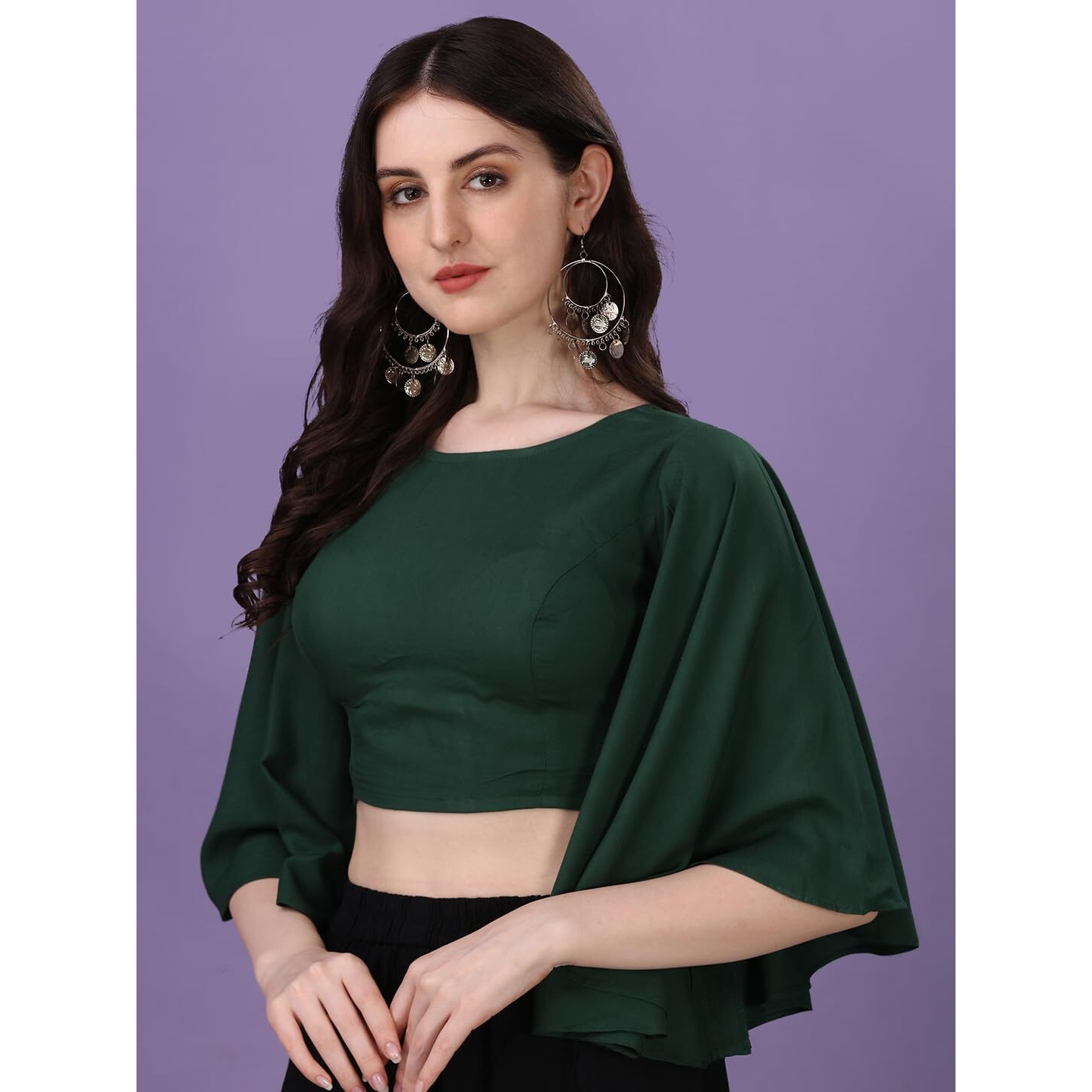 Oomph Women's Indian Ethnic Wear Designer Solid Pattern Boat Neck Bell Sleeve Cotton Green Blouse For Saree Or Lehnga And Blousepalazzos Or Skirts For A Fusion Twist.