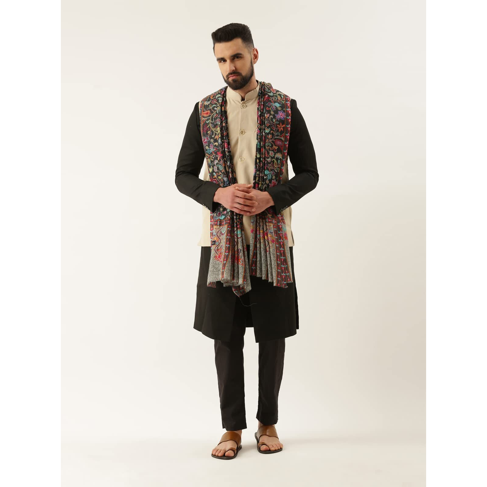 Pashmoda Men 100% Pure Wool Fabric Kalamkari Embroidered Shawl, Stole And Wrap, Sustainable And Natural Fabric, Heritage Kashmiri Pashmina(Size 101 X 203 Cms) (Black)