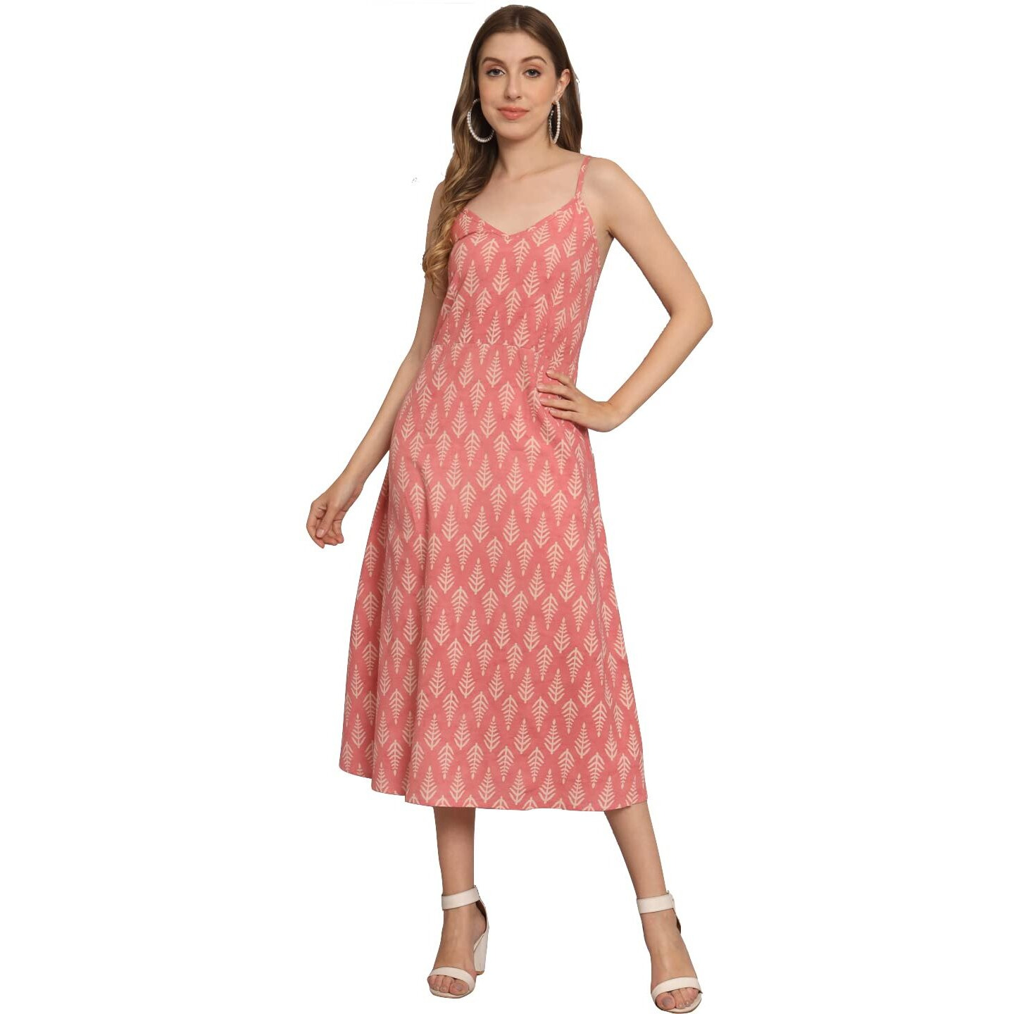 Peppyzone Women's Handblock Printed Sleeveless Shoulder Strip Cami Dress (M, Pink)
