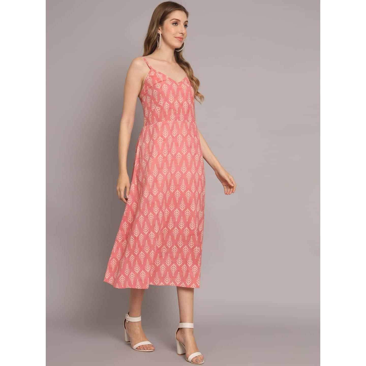 Peppyzone Women's Handblock Printed Sleeveless Shoulder Strip Cami Dress (M, Pink)