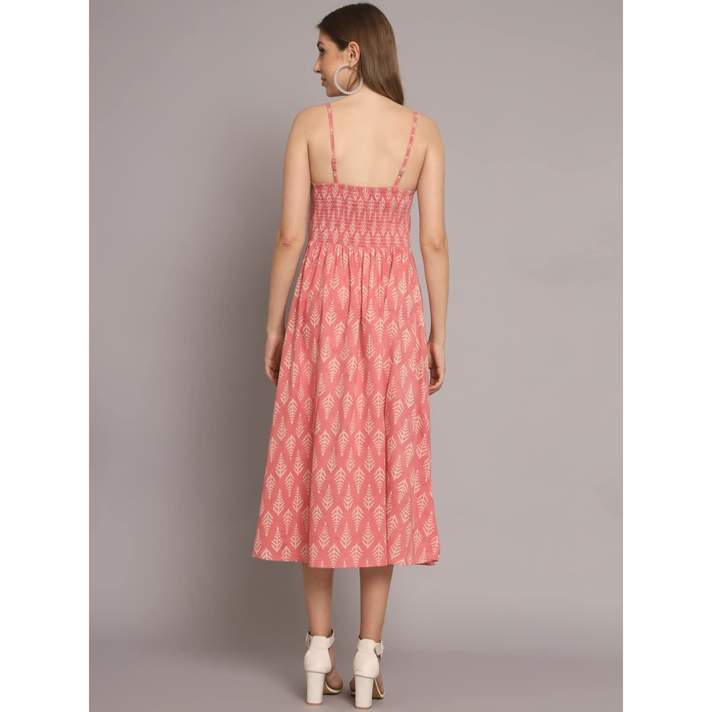 Peppyzone Women's Handblock Printed Sleeveless Shoulder Strip Cami Dress (M, Pink)