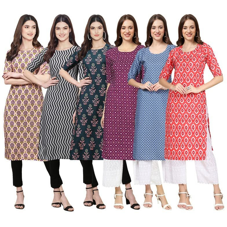 Pinkmint Women's Crepe Digital Print Straight Kurta [Pack Of 6](Qv-332-336-335-355-367-346-L)