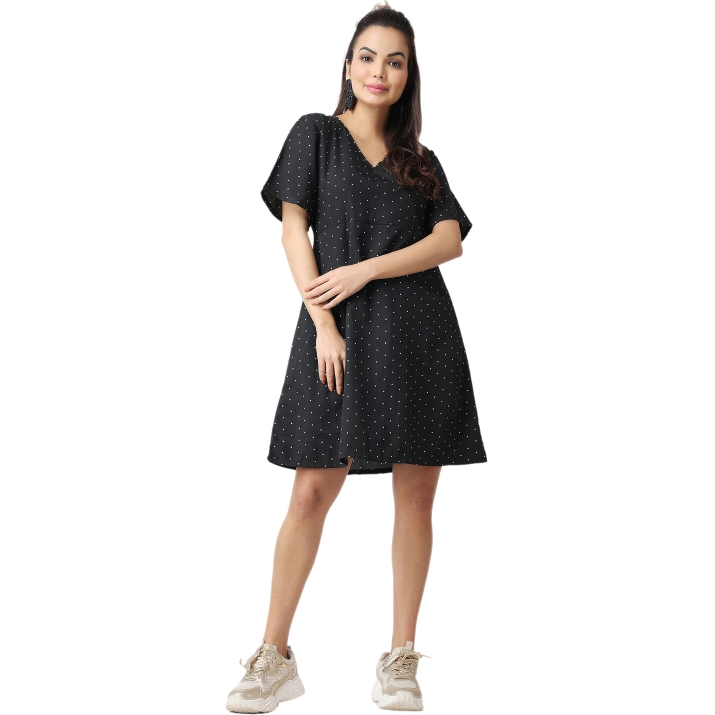 Popwi1Ngs Casual Printed V-Neck Short Sleeves Knee-Length Fit And Flare Dress For Women || Frokc-Style Summer Wear Dresses For Women || Loose-Fit Comfortable Women Dress For Regular Wear Black