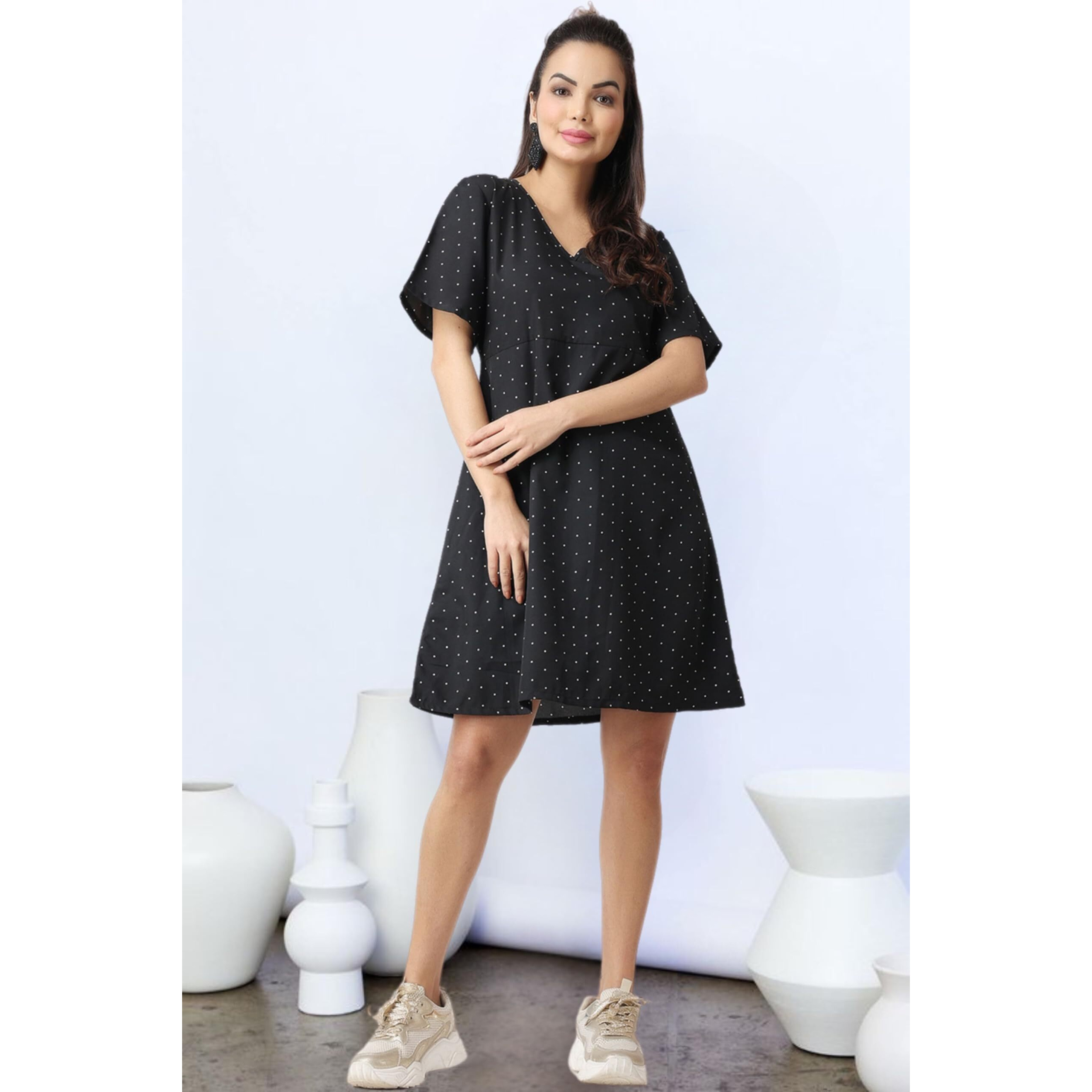 Popwi1Ngs Casual Printed V-Neck Short Sleeves Knee-Length Fit And Flare Dress For Women || Frokc-Style Summer Wear Dresses For Women || Loose-Fit Comfortable Women Dress For Regular Wear Black