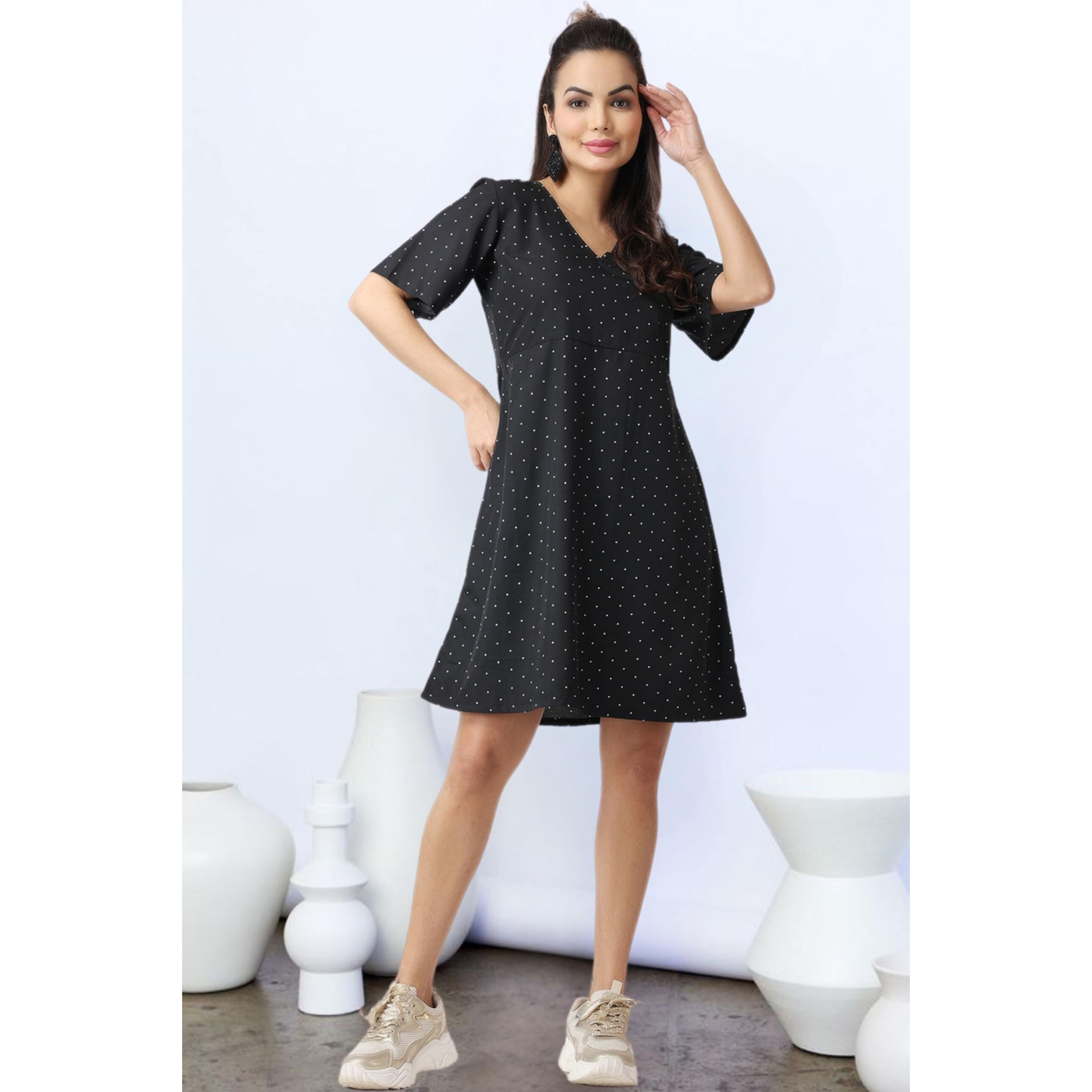 Popwi1Ngs Casual Printed V-Neck Short Sleeves Knee-Length Fit And Flare Dress For Women || Frokc-Style Summer Wear Dresses For Women || Loose-Fit Comfortable Women Dress For Regular Wear Black