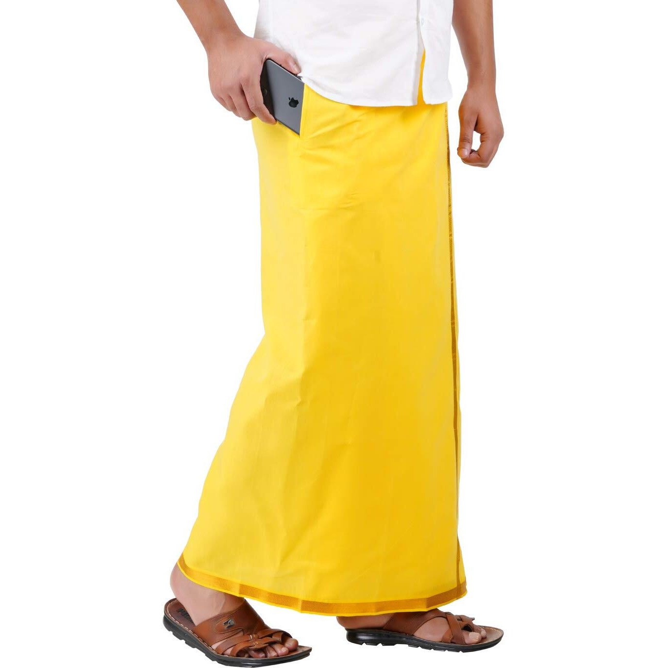 Prakasam Cotton Men's Single Yellow Colour With Jari Border Welcro Pocket Dhoti (36)
