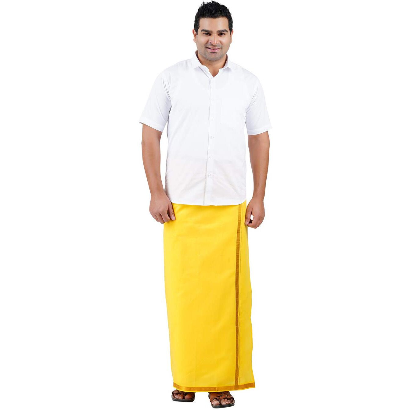 Prakasam Cotton Men's Single Yellow Colour With Jari Border Welcro Pocket Dhoti (36)