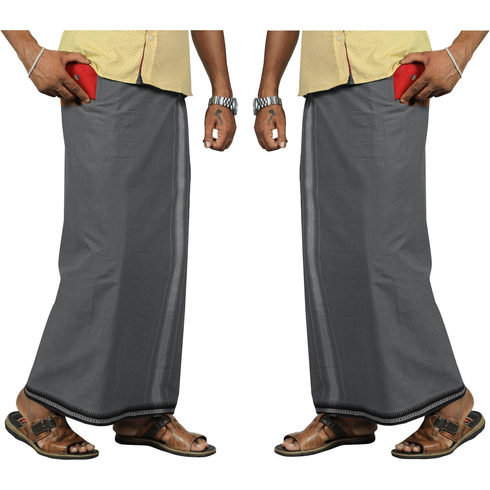 Prakasam Cotton Mens Kerala Thalapathi Border 2Way Pocket (Right & Left Side) Flexi Size Welcro Single Dhoti With 2 Side Pocket (Large, Grey)