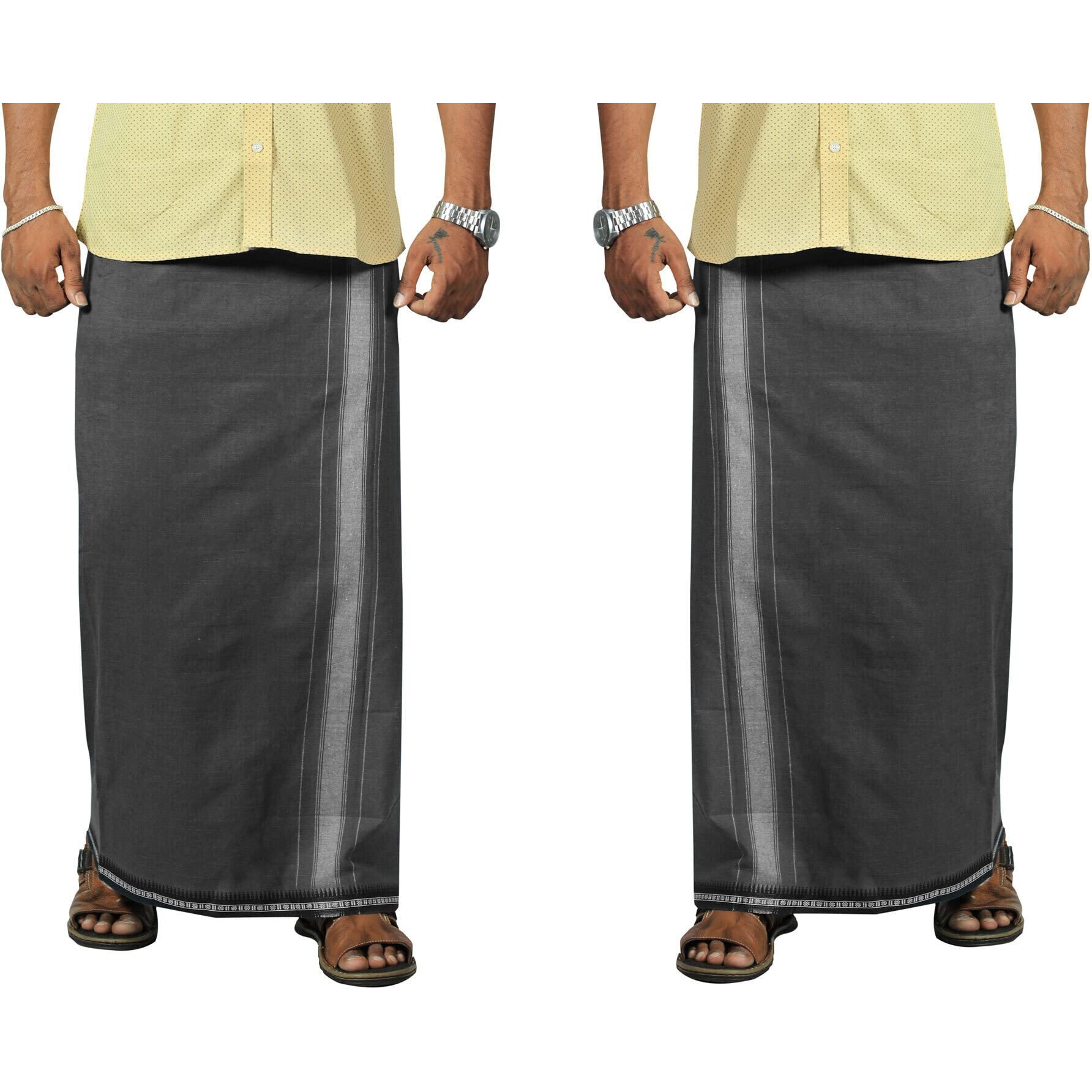 Prakasam Cotton Mens Kerala Thalapathi Border 2Way Pocket (Right & Left Side) Flexi Size Welcro Single Dhoti With 2 Side Pocket (Large, Grey)