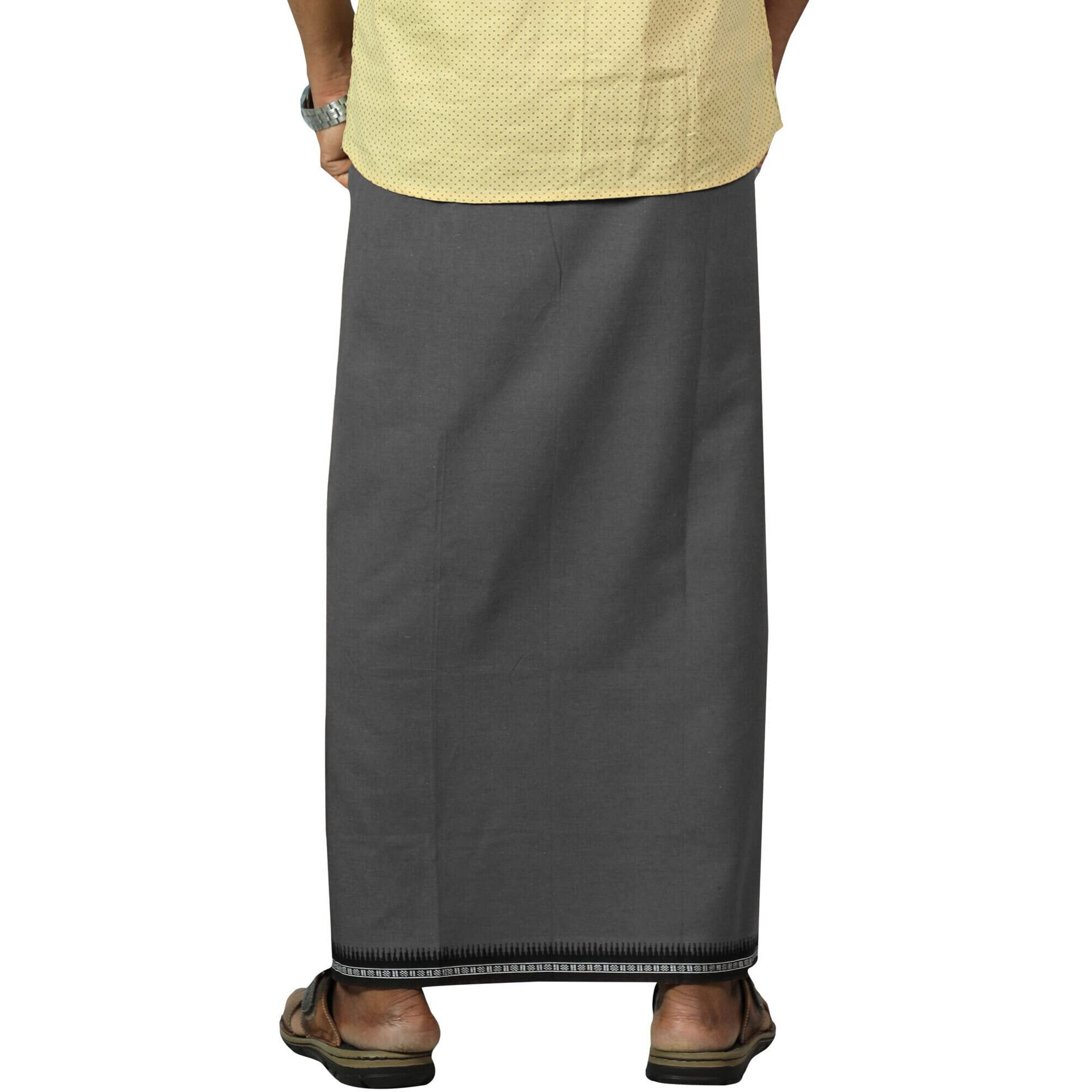 Prakasam Cotton Mens Kerala Thalapathi Border 2Way Pocket (Right & Left Side) Flexi Size Welcro Single Dhoti With 2 Side Pocket (Large, Grey)