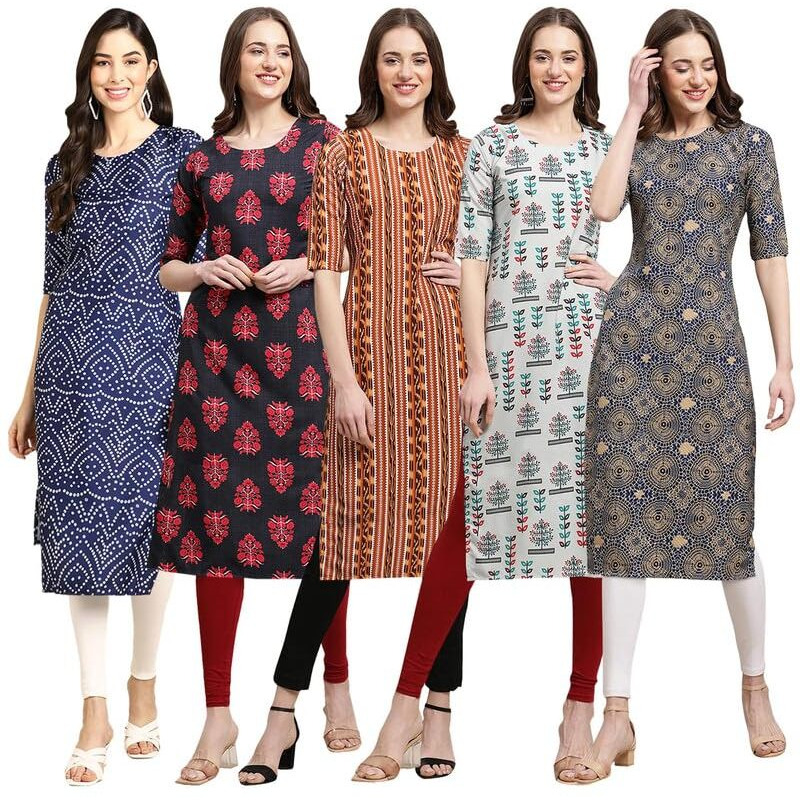 Pinkmint Elegant Printed Crepe Kurti's For Women's (Pack Of 5)