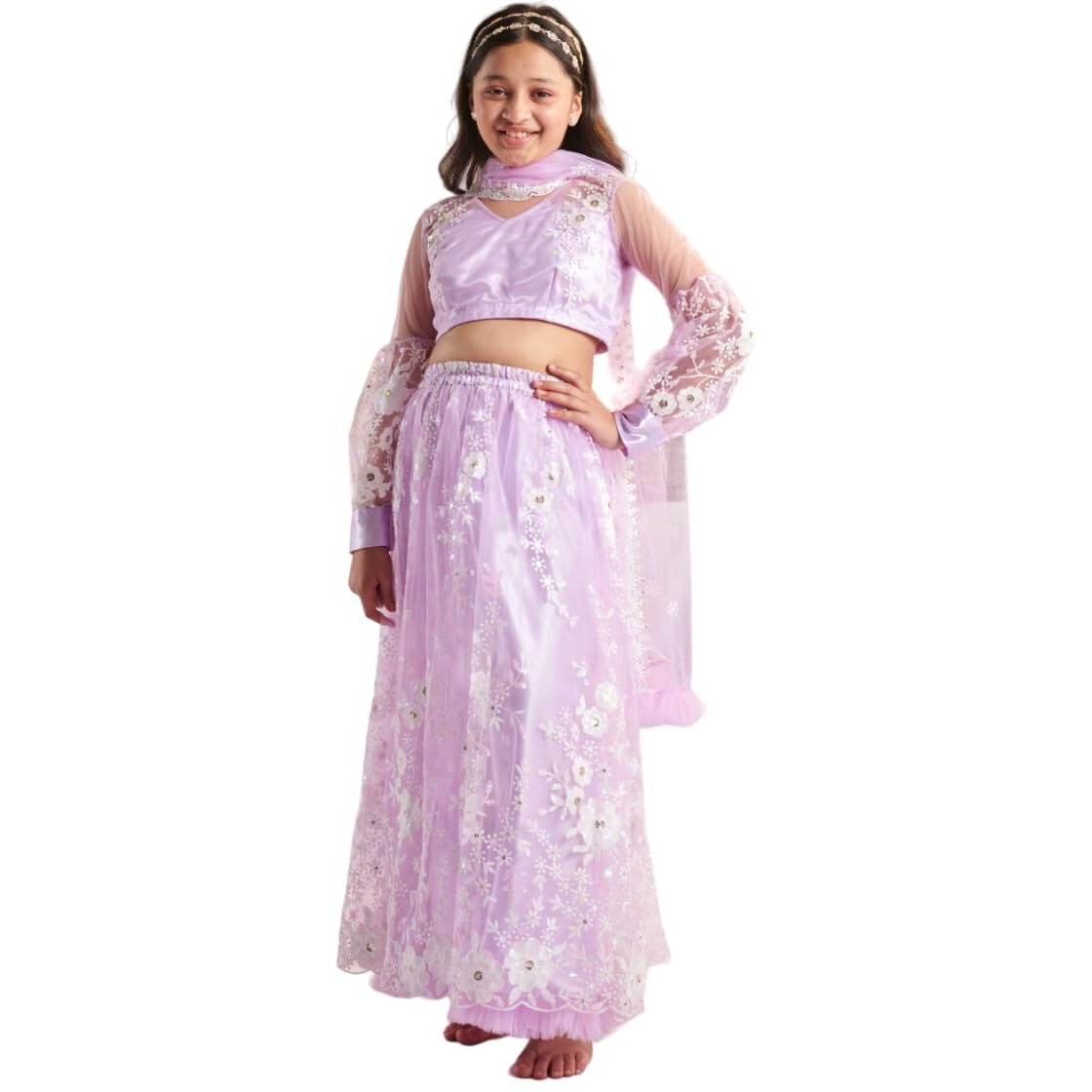 Pspeaches Girl's Net 1 Lehenga, 1 Choli, 1 Dupatta (L-Purplenetemb-6- Purple_6-7Y)
