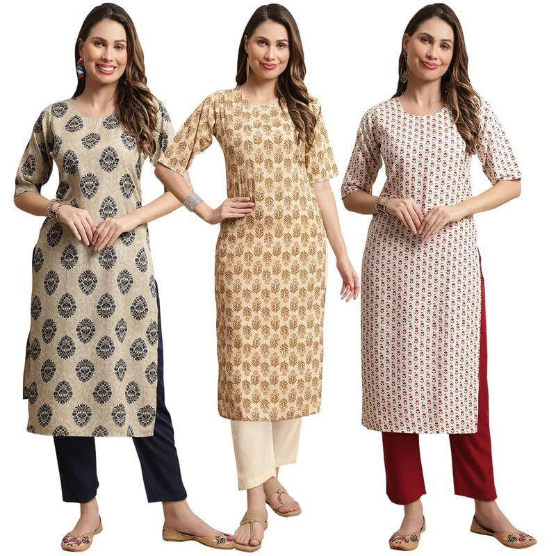 Pinkmint Straight Crepe Kurta & Pant For Women Ethnic Kurta Set For Women (Pack Of 3)