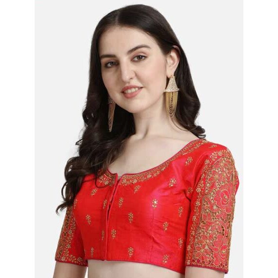 Pujia Mills Women's Silk Floral Half Sleeve Regular Blouse (Gulab Red 38)