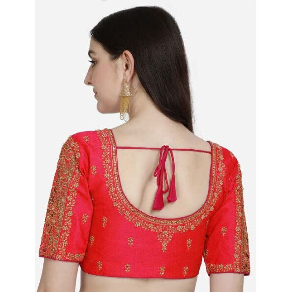 Pujia Mills Women's Silk Floral Half Sleeve Regular Blouse (Gulab Red 38)