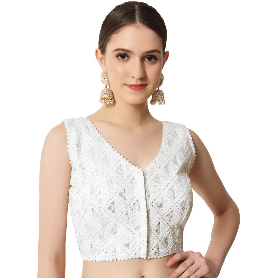 Pujia Mills Womens Readymade Fancy Embroidery With Sequins Work Sleeveless Solid Saree Blouse(Pragya) (34, White)