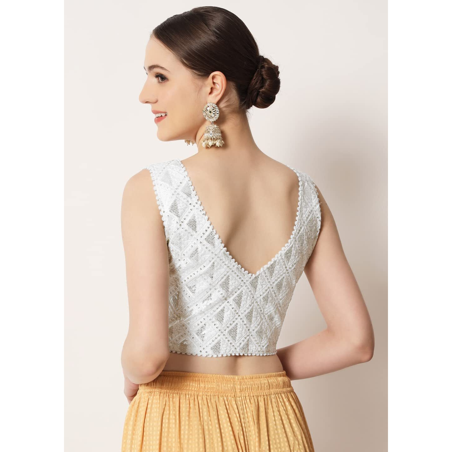 Pujia Mills Womens Readymade Fancy Embroidery With Sequins Work Sleeveless Solid Saree Blouse(Pragya) (34, White)