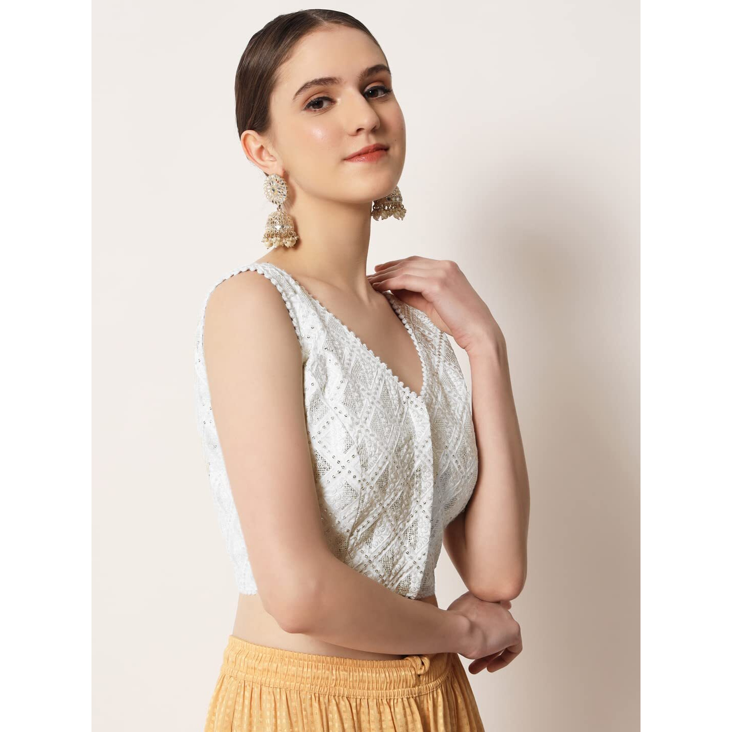 Pujia Mills Womens Readymade Fancy Embroidery With Sequins Work Sleeveless Solid Saree Blouse(Pragya) (34, White)