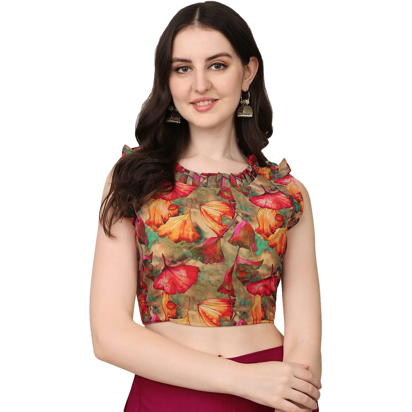 Pujia Mills Women's Fancy Georgette Printed Readymade Blouse (Gold, 36)