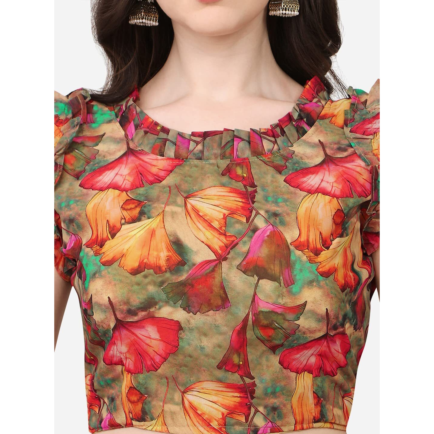 Pujia Mills Women's Fancy Georgette Printed Readymade Blouse (Gold, 36)