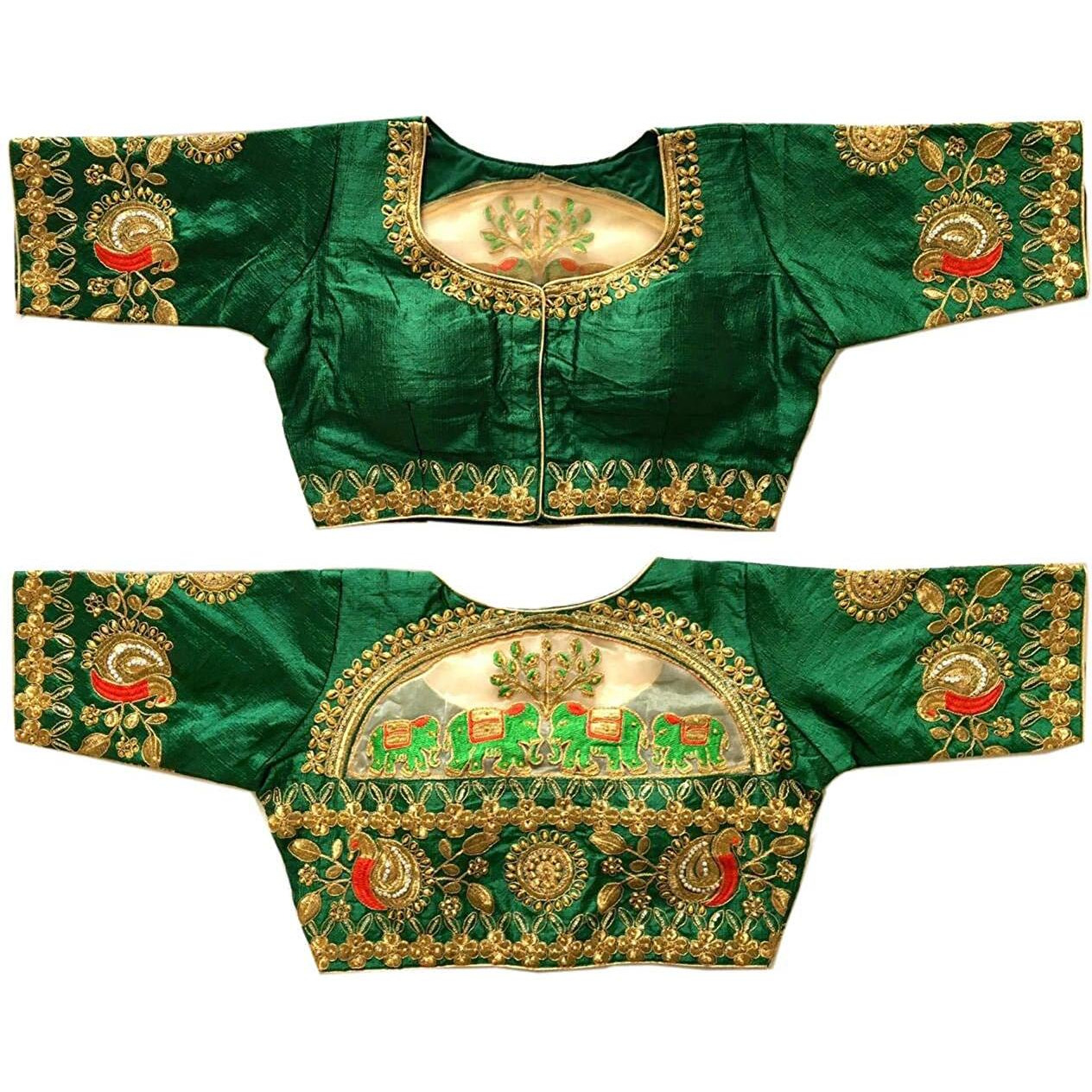 Pujia Mils Women's Silk Solid Half Sleeve Blouse (Dumbo_Green_38)