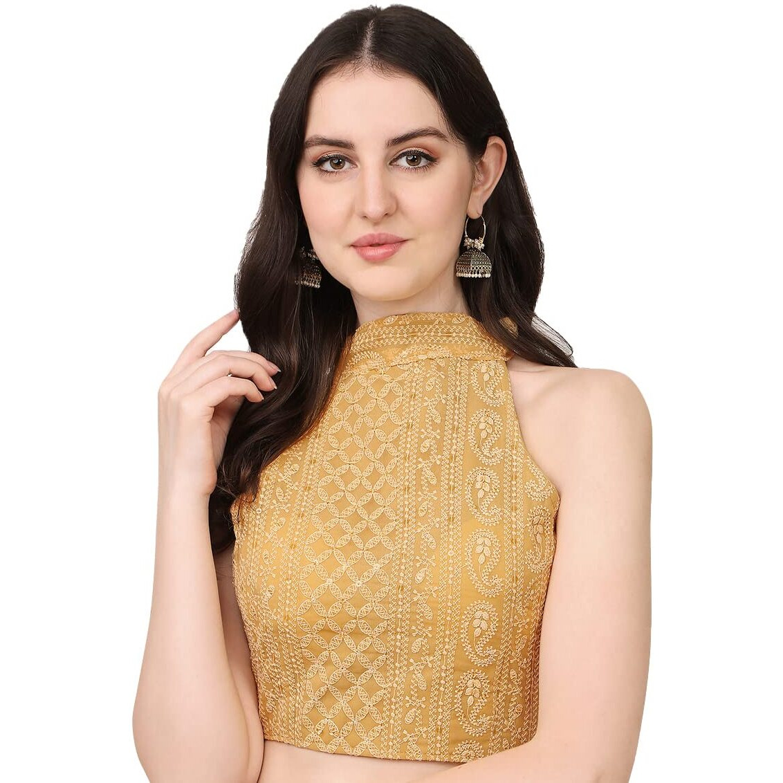Pujia Mills Women's Halter Neck Chickankari Work Readymade Saree Blouse (Halter Neck_Chiku_38)