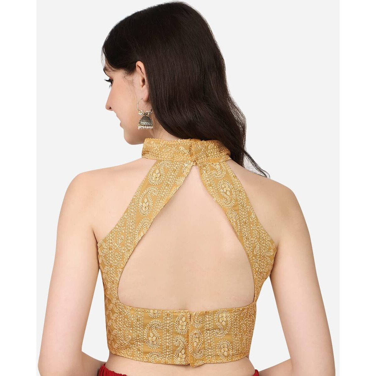Pujia Mills Women's Halter Neck Chickankari Work Readymade Saree Blouse (Halter Neck_Chiku_38)
