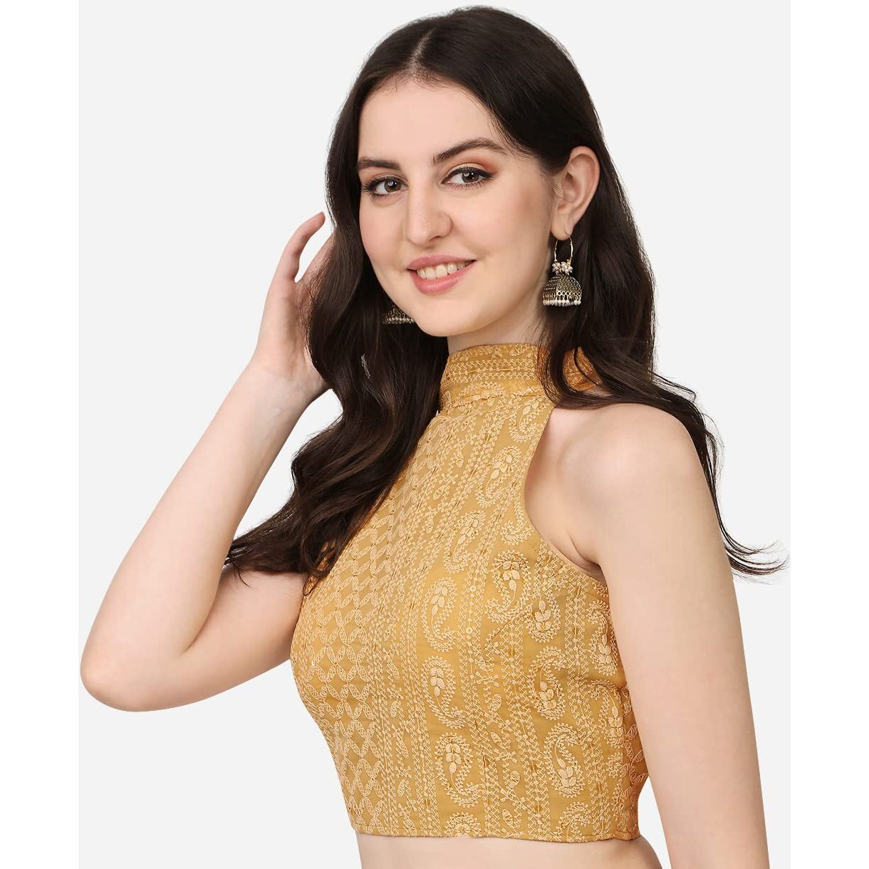 Pujia Mills Women's Halter Neck Chickankari Work Readymade Saree Blouse (Halter Neck_Chiku_38)