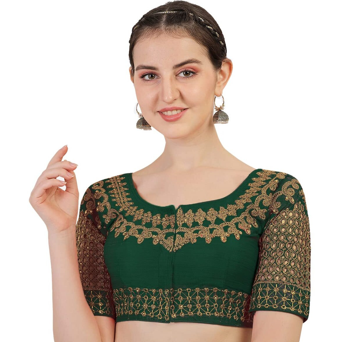 Pujia Mills Women's Silk Floral Half Sleeve Regular Blouse (New Jali Dark Green 38)