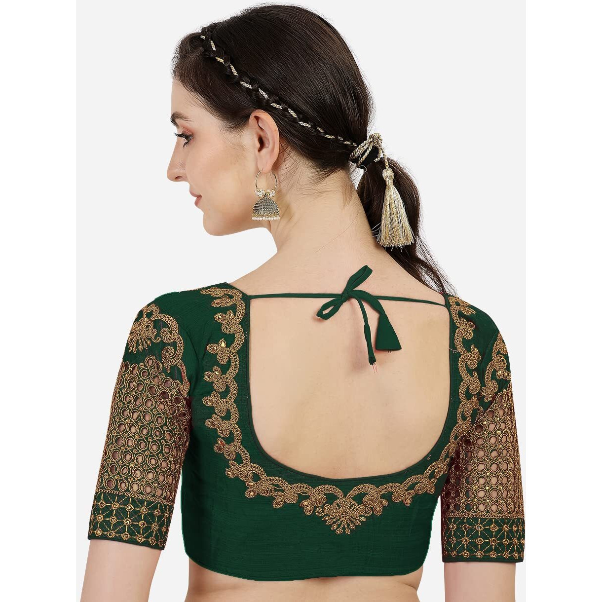 Pujia Mills Women's Silk Floral Half Sleeve Regular Blouse (New Jali Dark Green 38)