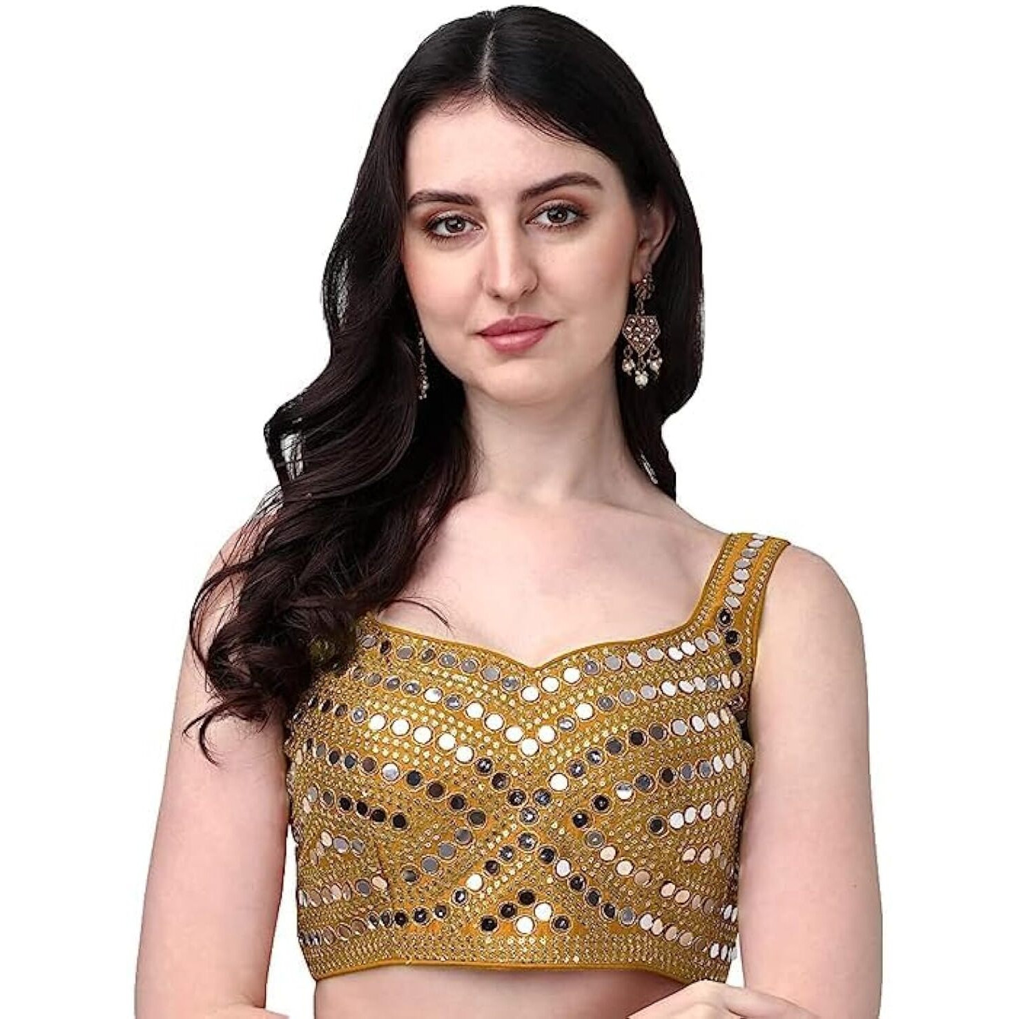 Pujia Mills Women's Multicolor Heavy Phantom Silk Thread Zari And Sequence Work And Real Mirror Hand Work Readymade Saree Blouse (Sleeves Attached Inside) (Kanchi Blouse_Yellow_38 Size+ Margin)