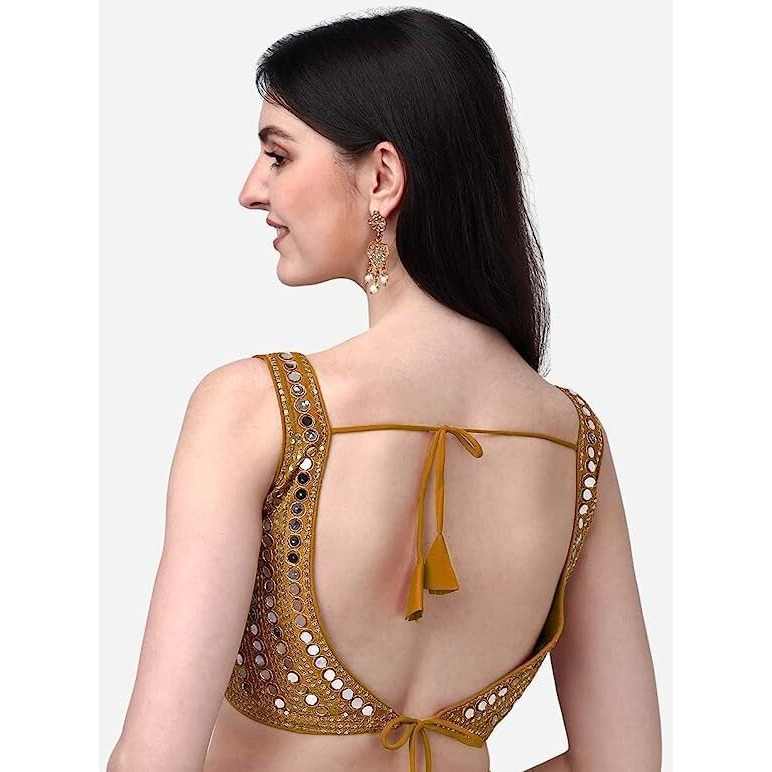 Pujia Mills Women's Multicolor Heavy Phantom Silk Thread Zari And Sequence Work And Real Mirror Hand Work Readymade Saree Blouse (Sleeves Attached Inside) (Kanchi Blouse_Yellow_38 Size+ Margin)