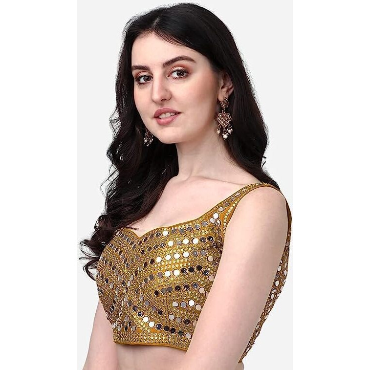 Pujia Mills Women's Multicolor Heavy Phantom Silk Thread Zari And Sequence Work And Real Mirror Hand Work Readymade Saree Blouse (Sleeves Attached Inside) (Kanchi Blouse_Yellow_38 Size+ Margin)