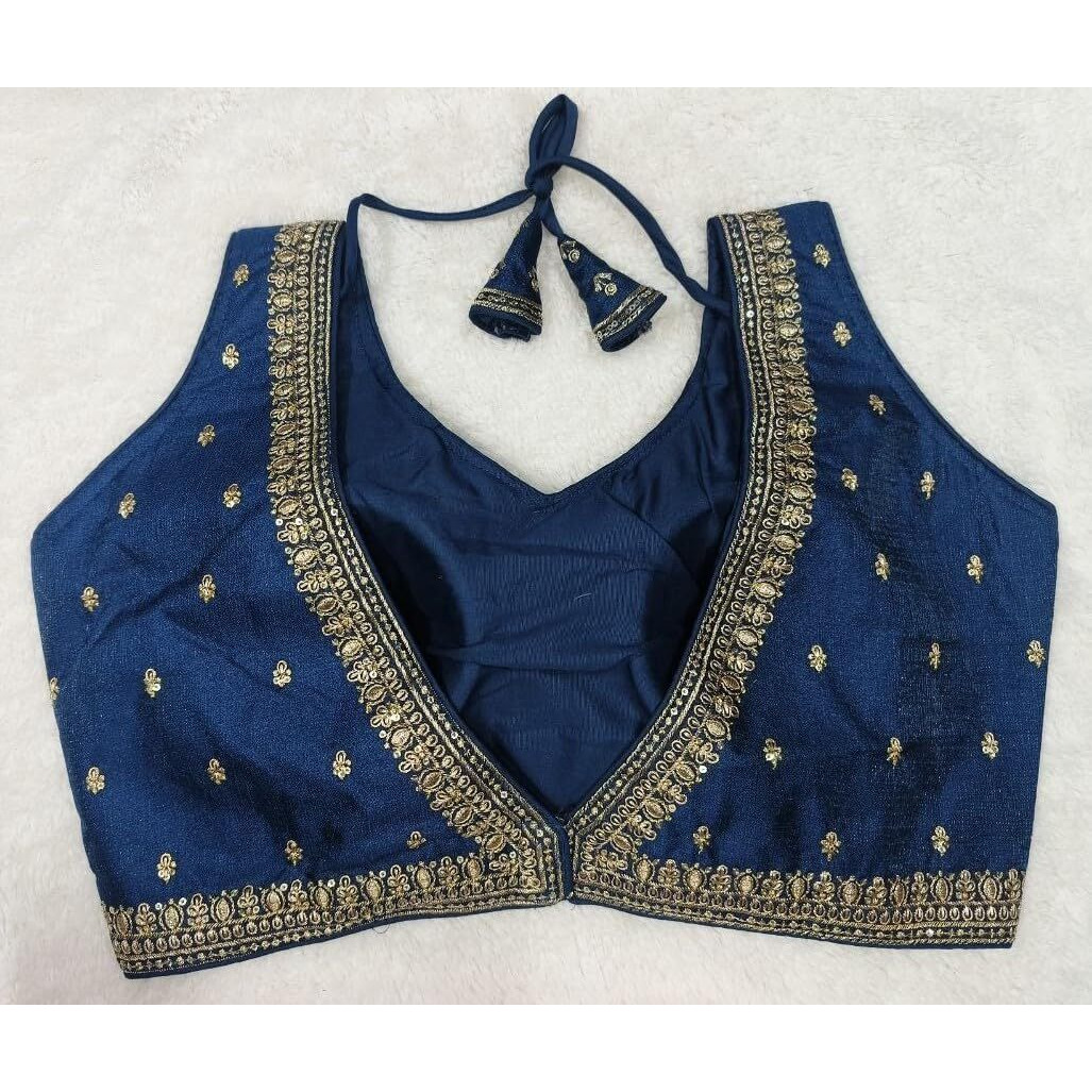Pujia Mills Women's Indian Ethnic Wear Designer Golden Zari Embroidery With Sequence Work V Neck Sleeveless Readymade Worked Saree Blouse Readymade Morpeach Color Blouse For Lehenga Choli