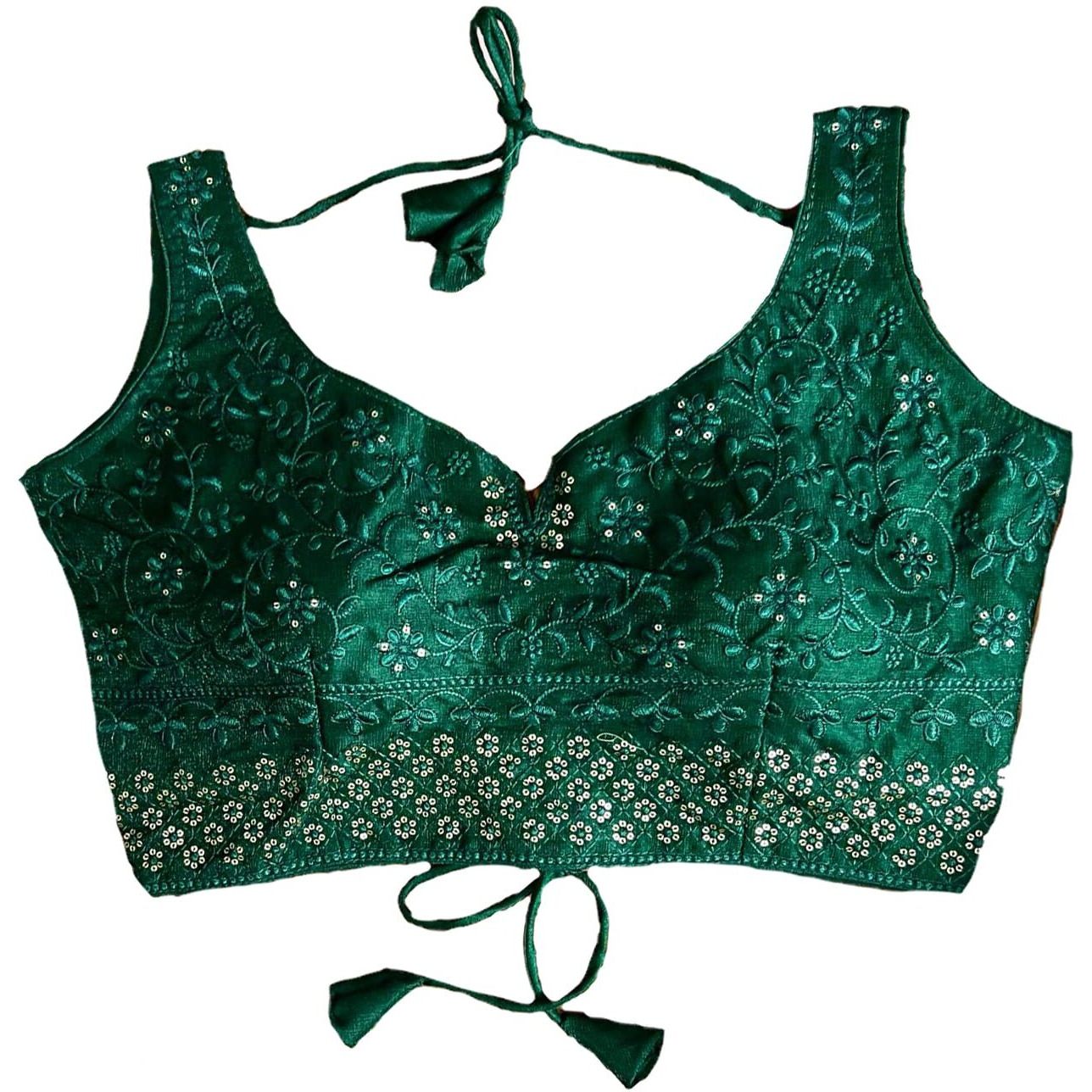 Pujia Mills Women's Heavy Multi Embroidery With Sequins Work Sleeveless Fancy Readymade Saree Blouse.(Teji Green_38)