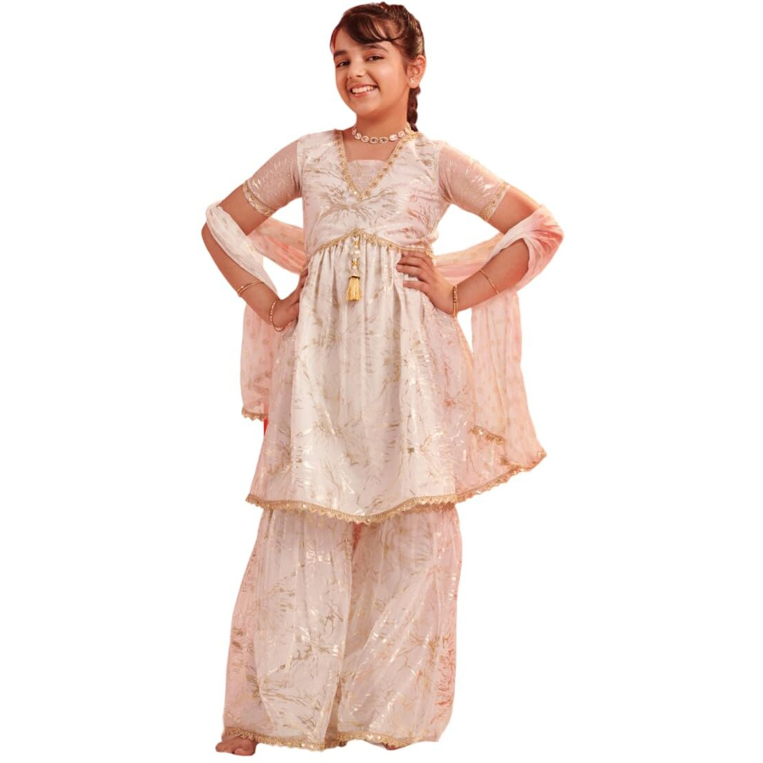 Pspeaches Girl's Silk Blend Sharara Set (Sha-Wtgoldshimmer-6-7Y_White