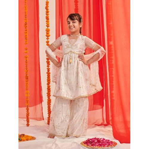Pspeaches Girl's Silk Blend Sharara Set (Sha-Wtgoldshimmer-6-7Y_White