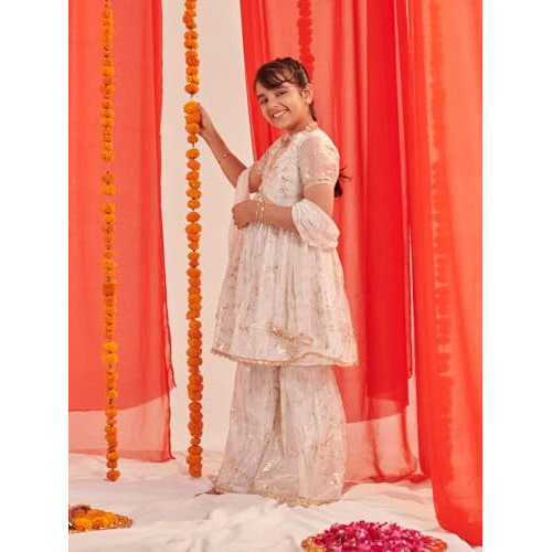 Pspeaches Girl's Silk Blend Sharara Set (Sha-Wtgoldshimmer-6-7Y_White